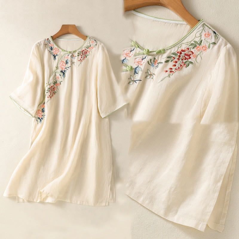 Buddha Stones Embroidery Flower Hem Slit Design Half Sleeve Cotton Linen Zen Midi Dress
