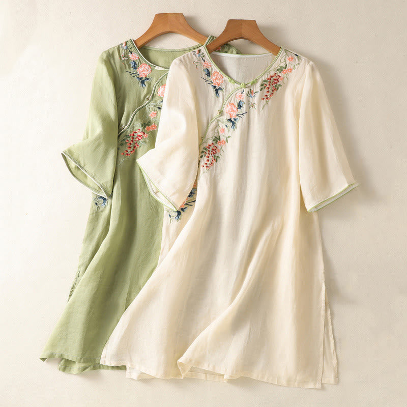 Buddha Stones Embroidery Flower Hem Slit Design Half Sleeve Cotton Linen Zen Midi Dress