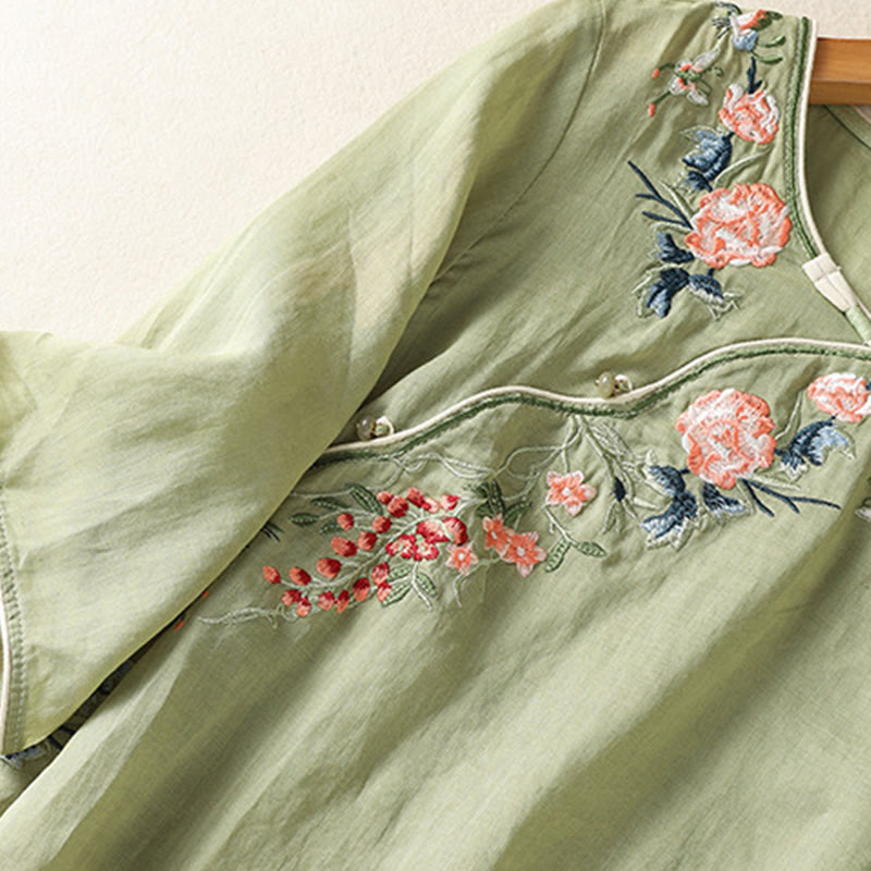 Buddha Stones Embroidery Flower Hem Slit Design Half Sleeve Cotton Linen Zen Midi Dress