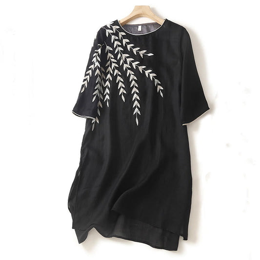 Buddha Stones Casual Embroidery Split Three Quarter Sleeve Cotton Linen Midi Dress