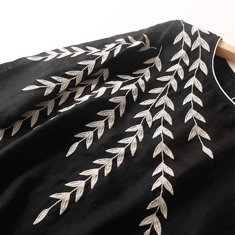 Buddha Stones Casual Embroidery Split Three Quarter Sleeve Cotton Linen Midi Dress