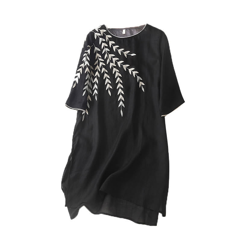 Buddha Stones Casual Embroidery Split Three Quarter Sleeve Cotton Linen Midi Dress