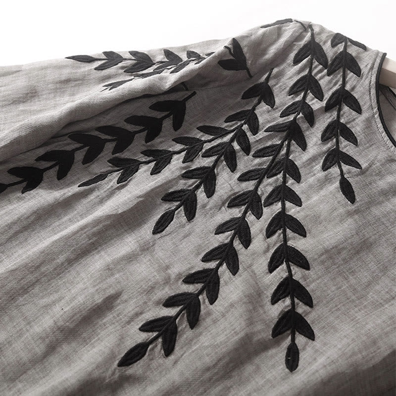 Buddha Stones Casual Embroidery Split Three Quarter Sleeve Cotton Linen Midi Dress
