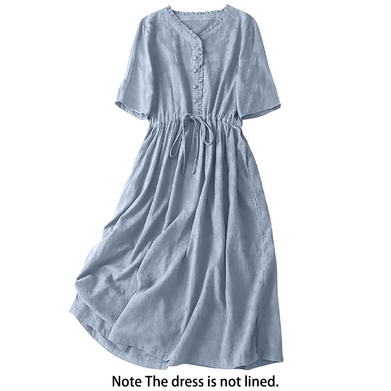 Buddha Stones Summer Jacquard Drawstring Pleated Design Cotton Linen Midi Dress With Pockets