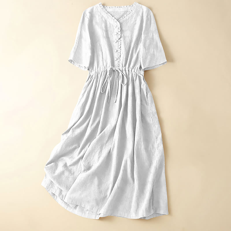 Buddha Stones Summer Jacquard Drawstring Pleated Design Cotton Linen Midi Dress With Pockets