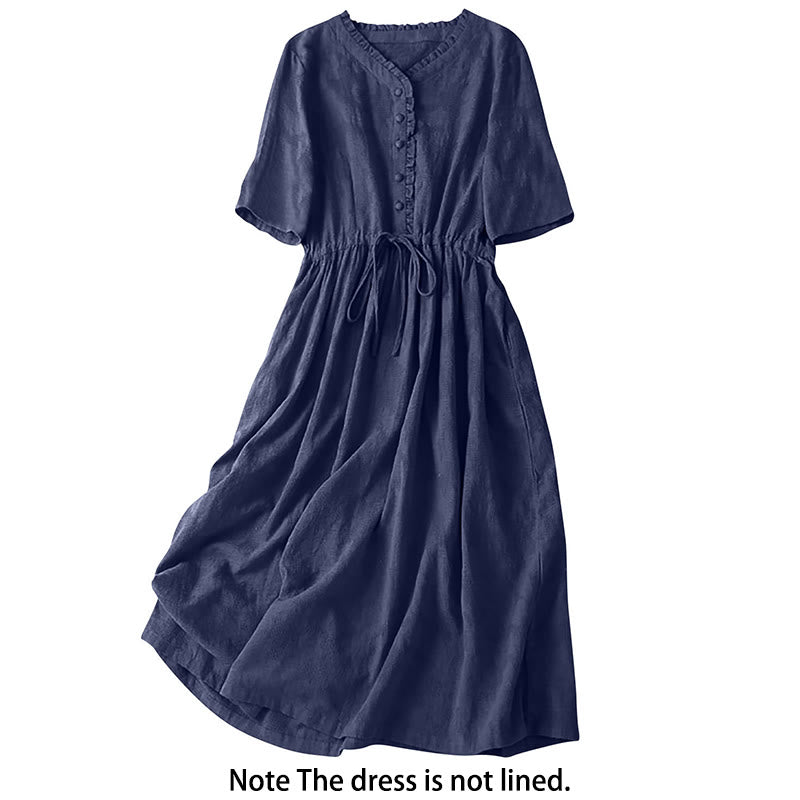 Buddha Stones Summer Jacquard Drawstring Pleated Design Cotton Linen Midi Dress With Pockets