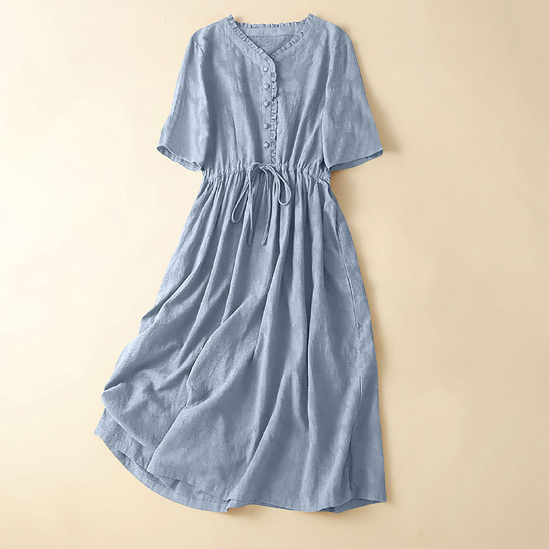 Buddha Stones Summer Jacquard Drawstring Pleated Design Cotton Linen Midi Dress With Pockets