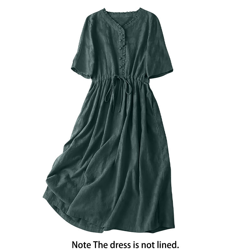 Buddha Stones Summer Jacquard Drawstring Pleated Design Cotton Linen Midi Dress With Pockets