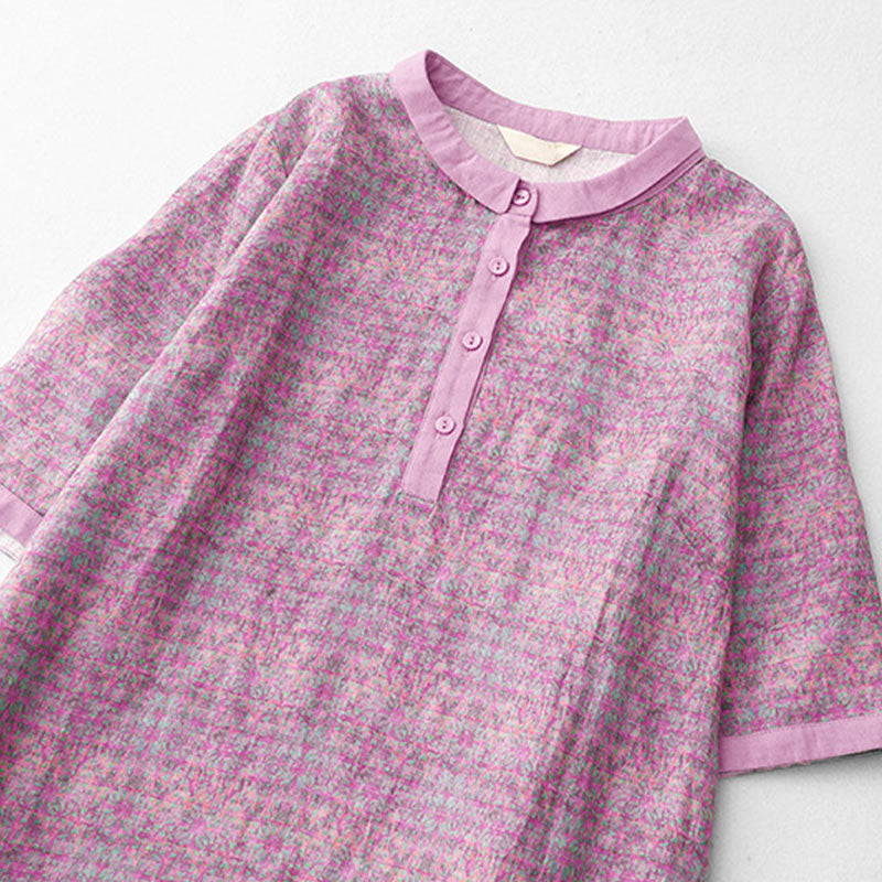 Buddha Stones Commute Printing Floral Pattern Short Sleeve Cotton Linen Midi Dress With Pockets