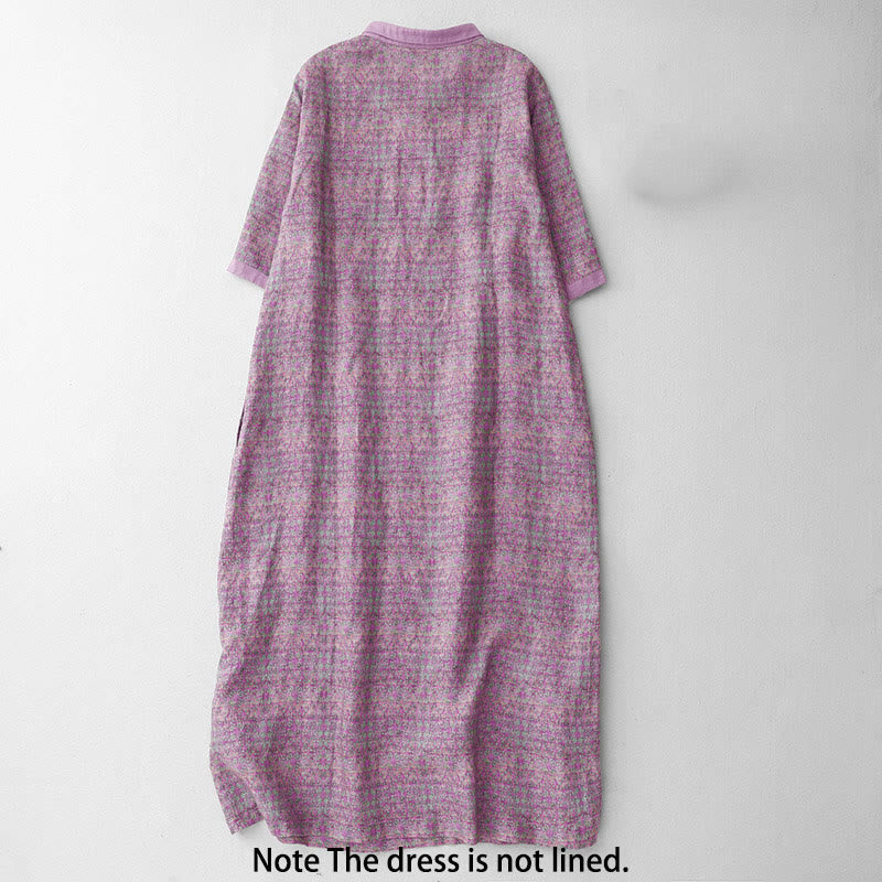 Buddha Stones Commute Printing Floral Pattern Short Sleeve Cotton Linen Midi Dress With Pockets