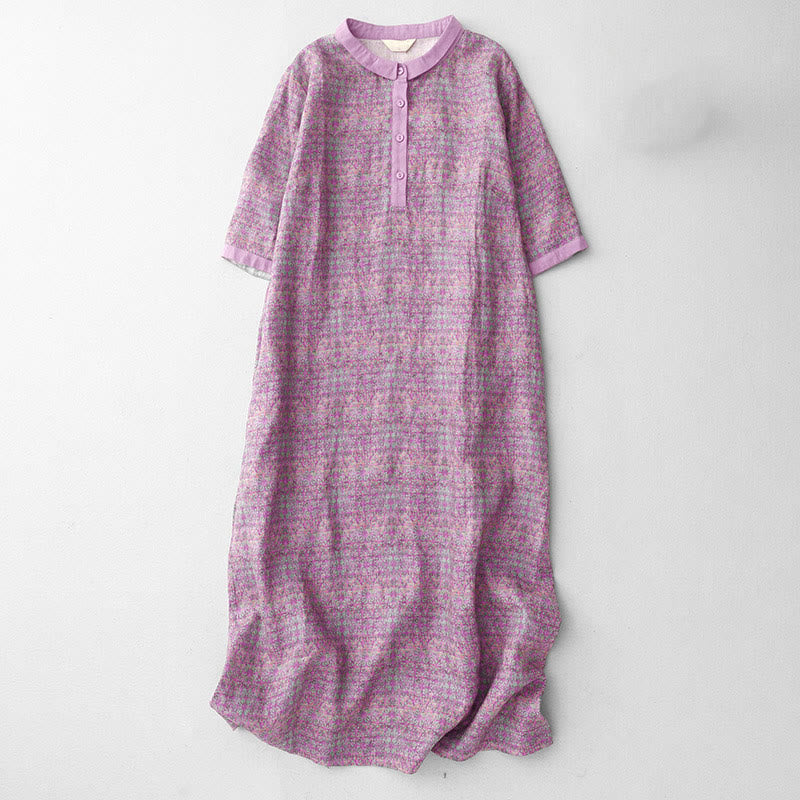 Buddha Stones Commute Printing Floral Pattern Short Sleeve Cotton Linen Midi Dress With Pockets