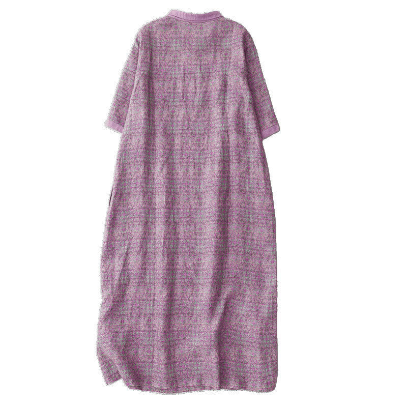 Buddha Stones Commute Printing Floral Pattern Short Sleeve Cotton Linen Midi Dress With Pockets