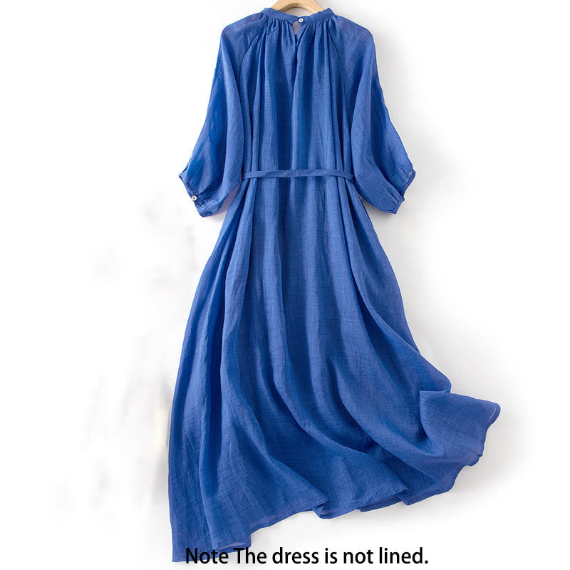 Buddha Stones Plain Drawstring Three Quarter Puff Sleeve Cotton Linen Midi Dress With Pockets