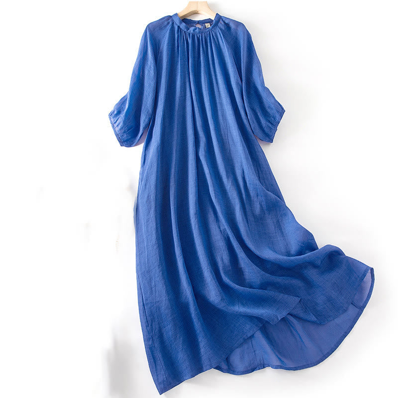 Buddha Stones Plain Drawstring Three Quarter Puff Sleeve Cotton Linen Midi Dress With Pockets