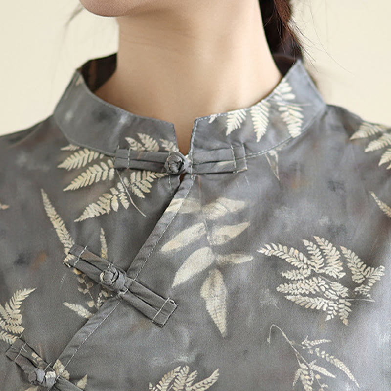Buddha Stones Retro DarkGray Chinese Frog-Button Cotton Cheongsam Midi Dress With Pockets