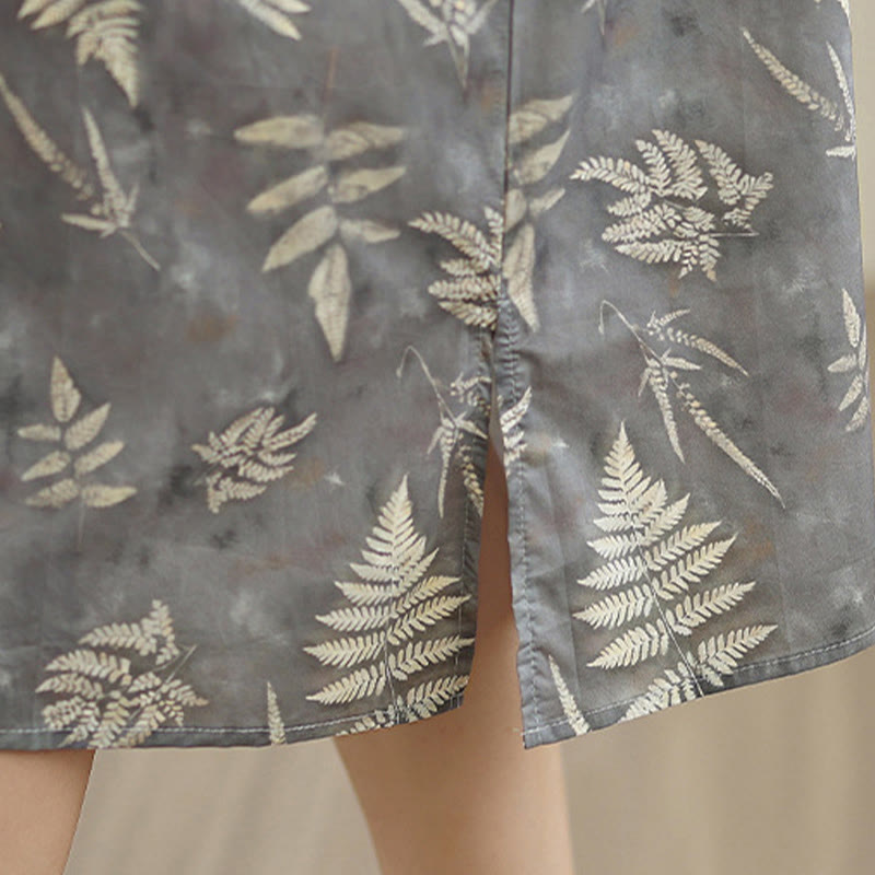 Buddha Stones Retro DarkGray Chinese Frog-Button Cotton Cheongsam Midi Dress With Pockets
