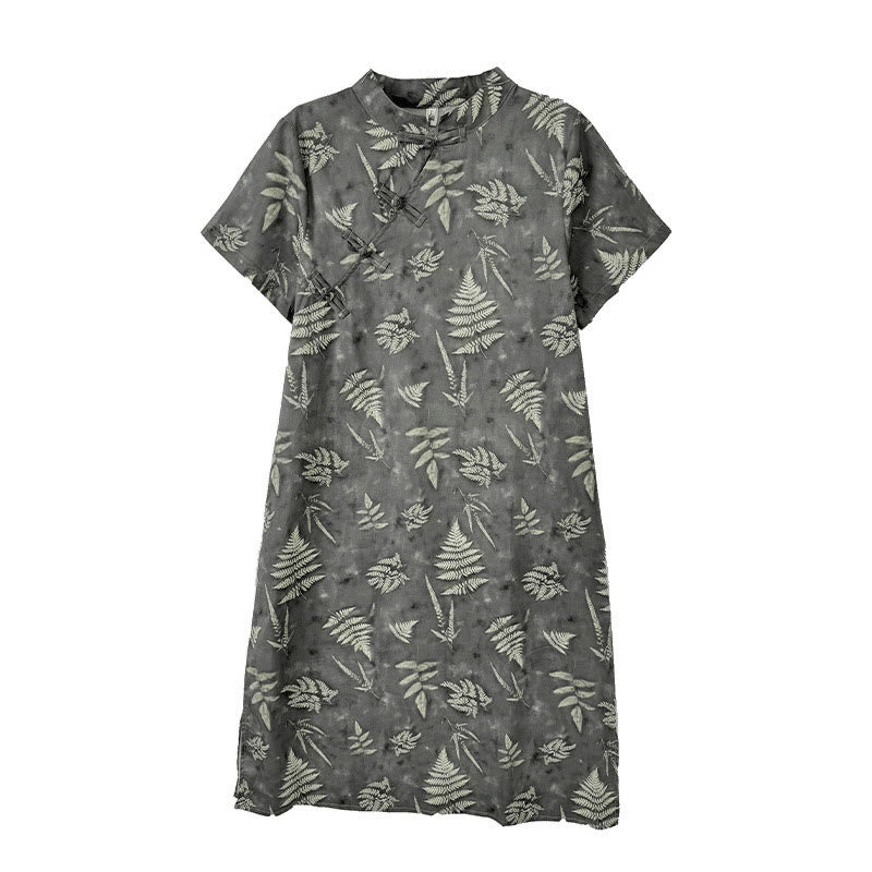 Buddha Stones Retro DarkGray Chinese Frog-Button Cotton Cheongsam Midi Dress With Pockets