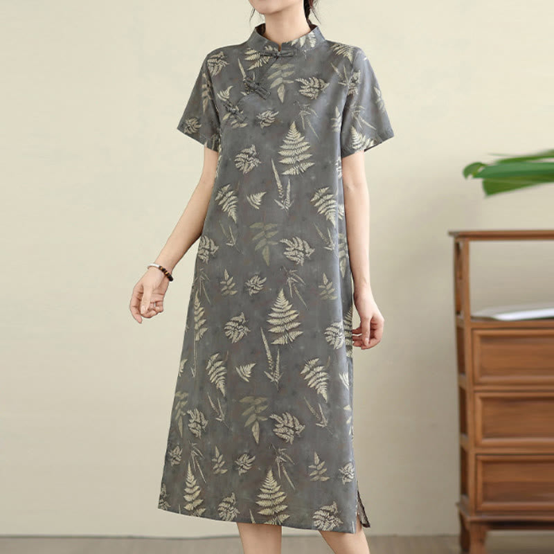 Buddha Stones Retro DarkGray Chinese Frog-Button Cotton Cheongsam Midi Dress With Pockets