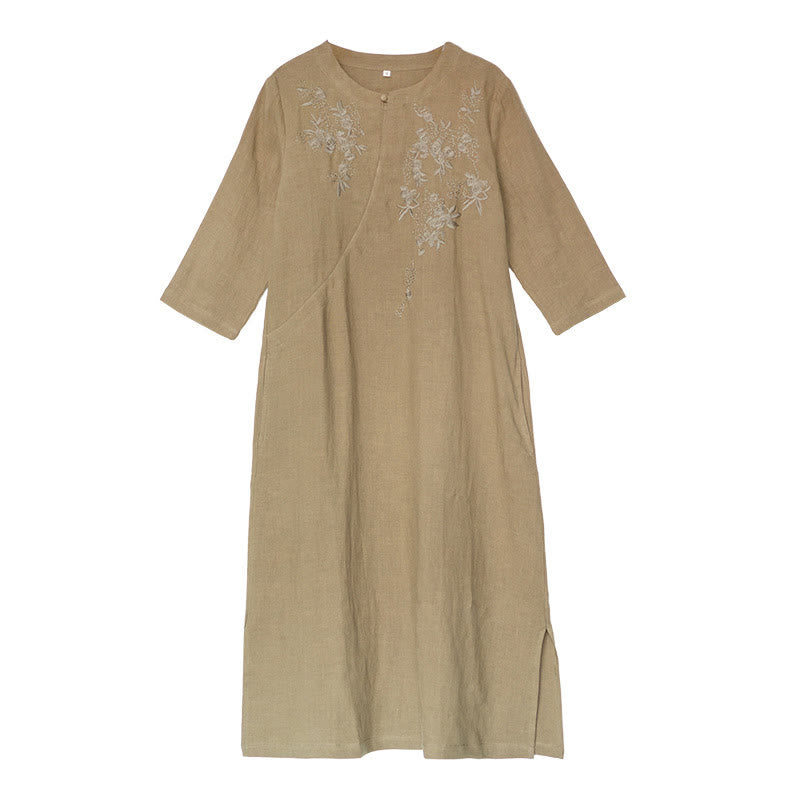 Buddha Stones Vintage Embroidery Three Quarter Sleeve Cotton Linen Midi Dress With Pockets