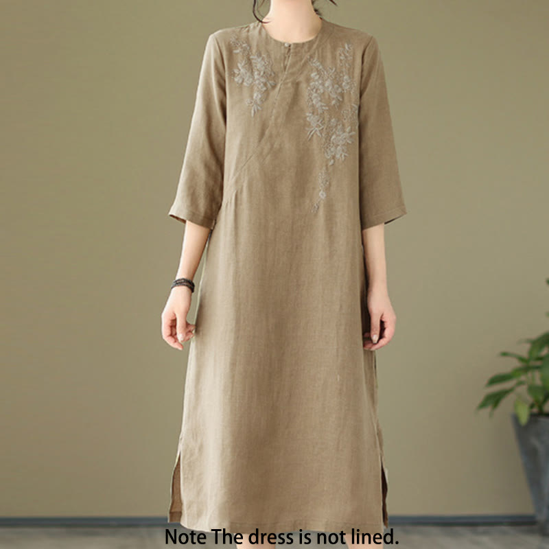 Buddha Stones Vintage Embroidery Three Quarter Sleeve Cotton Linen Midi Dress With Pockets
