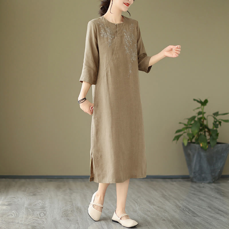 Buddha Stones Vintage Embroidery Three Quarter Sleeve Cotton Linen Midi Dress With Pockets