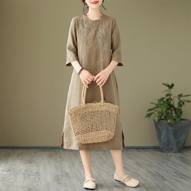 Buddha Stones Vintage Embroidery Three Quarter Sleeve Cotton Linen Midi Dress With Pockets