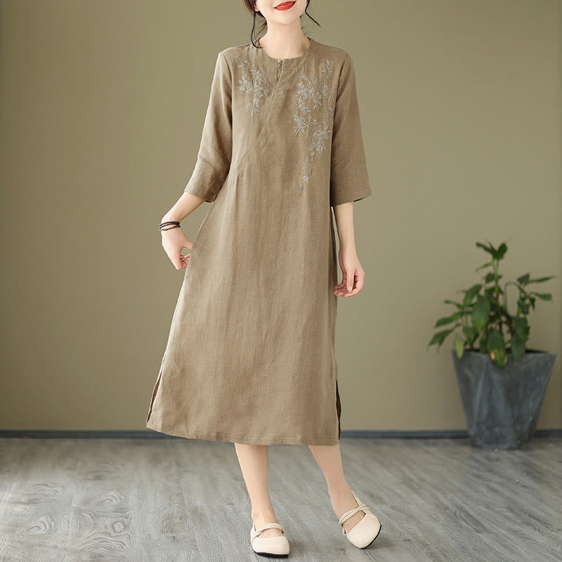 Buddha Stones Vintage Embroidery Three Quarter Sleeve Cotton Linen Midi Dress With Pockets