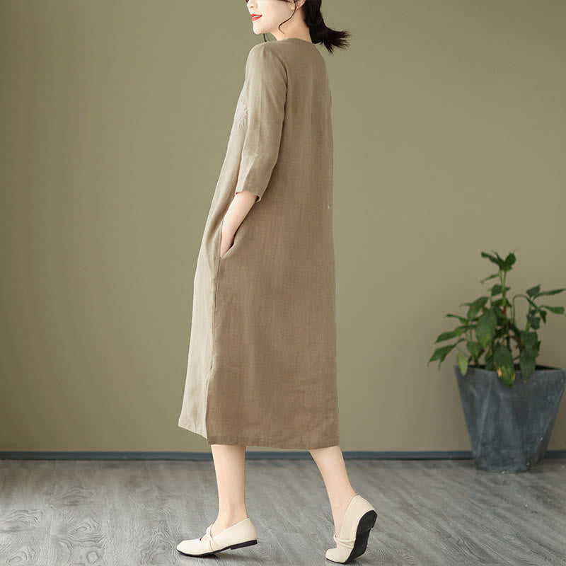 Buddha Stones Vintage Embroidery Three Quarter Sleeve Cotton Linen Midi Dress With Pockets