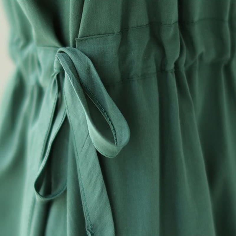 Buddha Stones Pure Color Lace-Up Short Sleeve Cotton Linen Midi Dress With Pockets