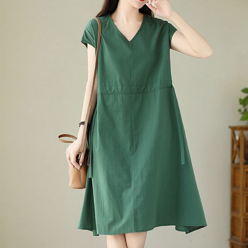 Buddha Stones Pure Color Lace-Up Short Sleeve Cotton Linen Midi Dress With Pockets