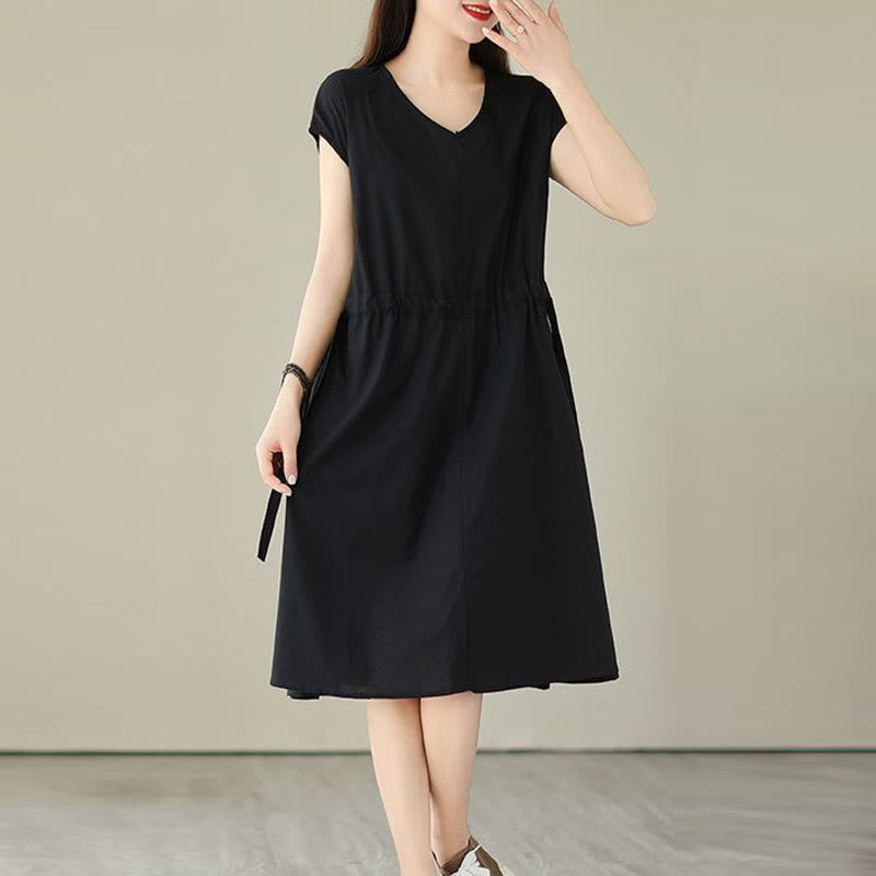 Buddha Stones Pure Color Lace-Up Short Sleeve Cotton Linen Midi Dress With Pockets