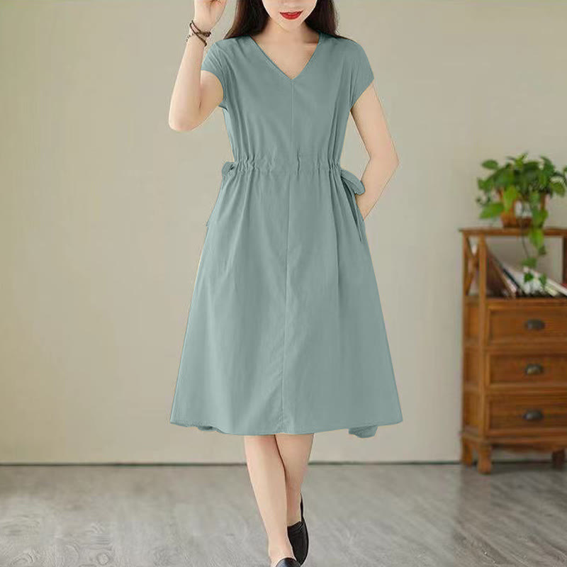 Buddha Stones Pure Color Lace-Up Short Sleeve Cotton Linen Midi Dress With Pockets