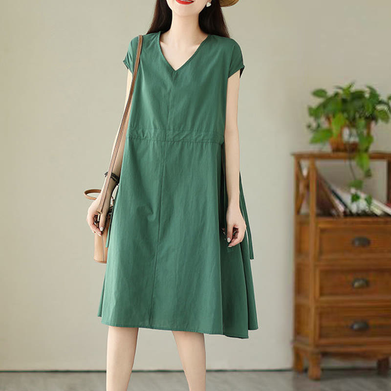 Buddha Stones Pure Color Lace-Up Short Sleeve Cotton Linen Midi Dress With Pockets