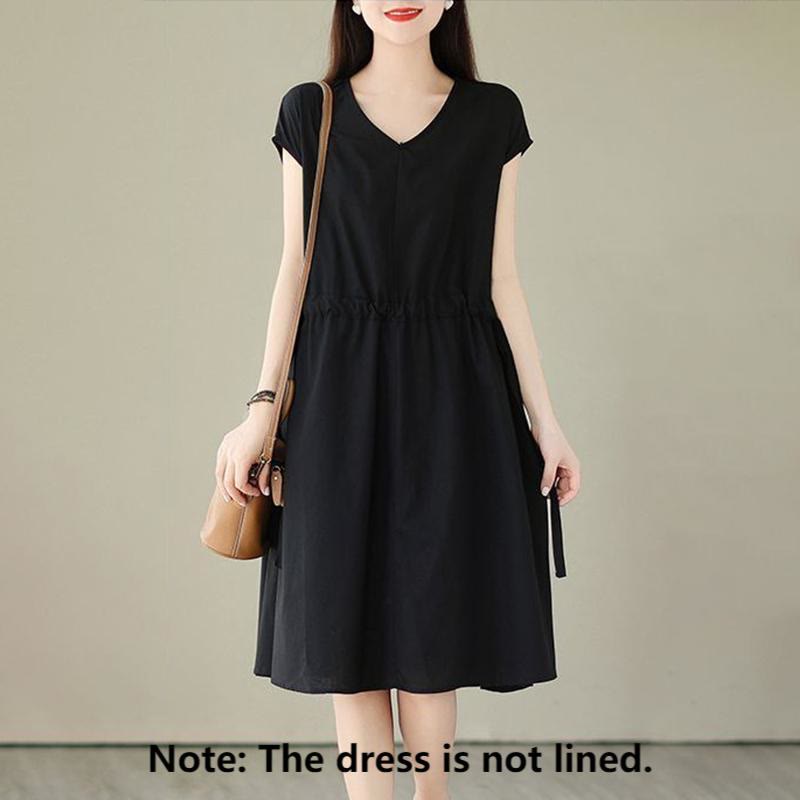 Buddha Stones Pure Color Lace-Up Short Sleeve Cotton Linen Midi Dress With Pockets