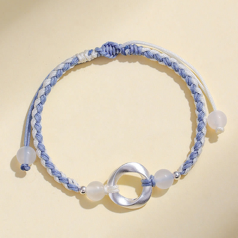 Buddha Stones 925 Sterling Silver Mobius White Agate Bead Braided String Protection Bracelet