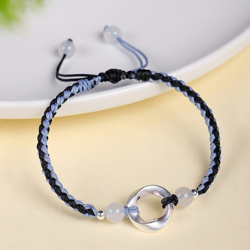 Buddha Stones 925 Sterling Silver Mobius White Agate Bead Braided String Protection Bracelet