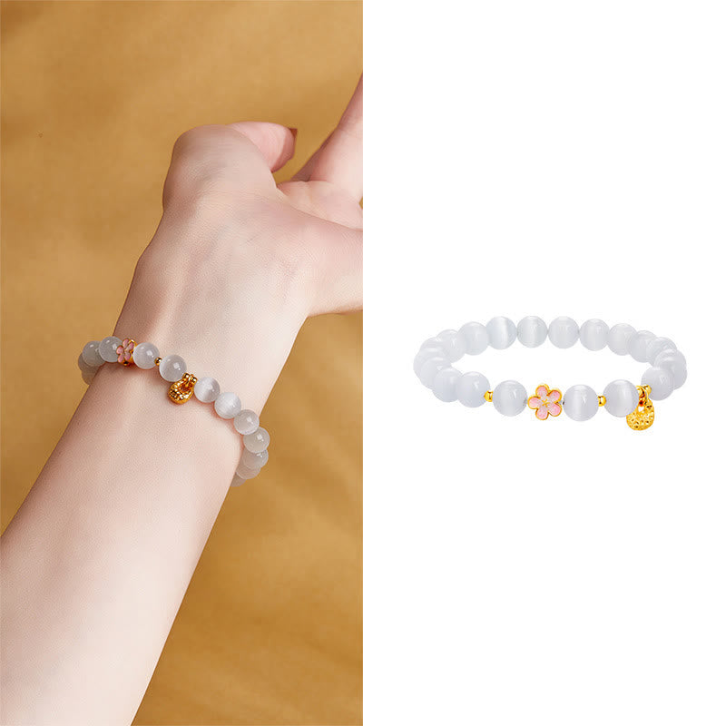 Buddha Stones 925 Sterling Silver Peach Blossom Lucky Bag White Cat's Eye Luck Bracelet