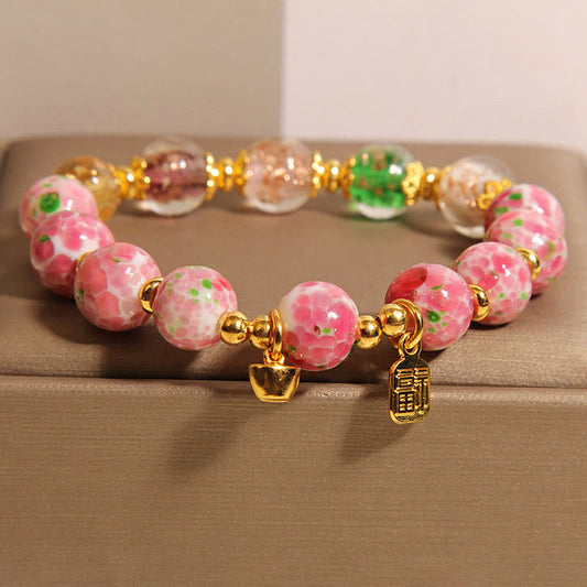 Buddha Stones Fu Character Pink Liuli Luck Bracelet