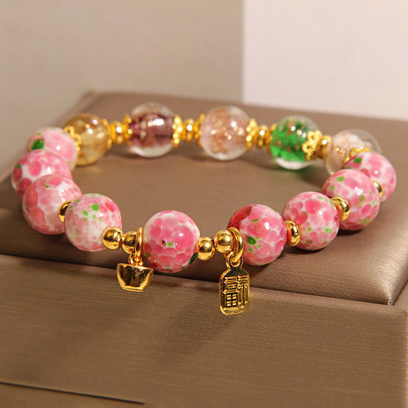 Buddha Stones Fu Character Pink Liuli Luck Bracelet