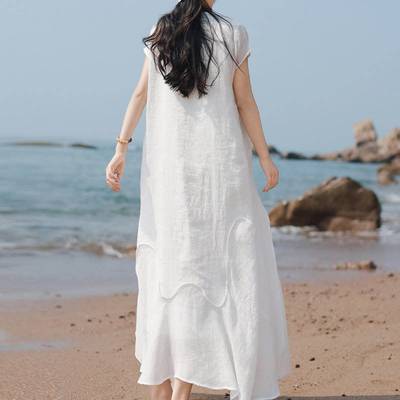Buddha Stones Plain Irregular Hem Short Sleeve Cotton Linen Maxi Dress