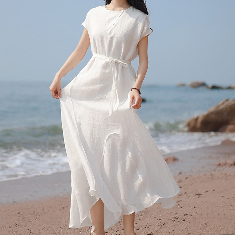 Buddha Stones Plain Irregular Hem Short Sleeve Cotton Linen Maxi Dress