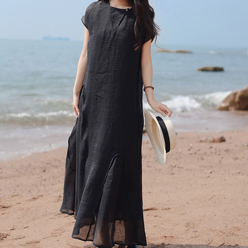 Buddha Stones Plain Irregular Hem Short Sleeve Cotton Linen Maxi Dress
