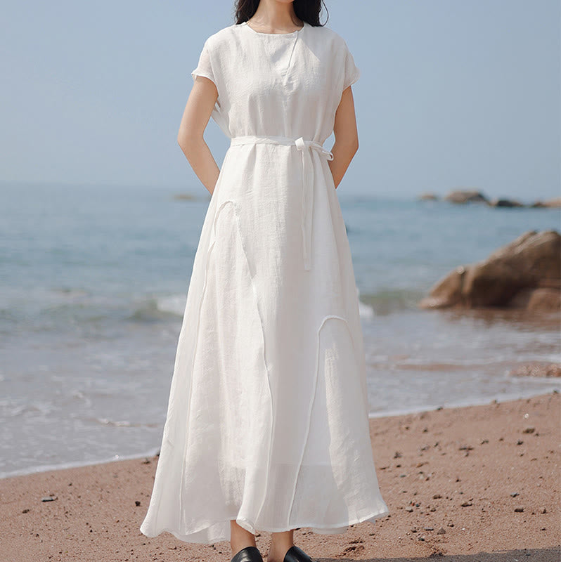 Buddha Stones Plain Irregular Hem Short Sleeve Cotton Linen Maxi Dress