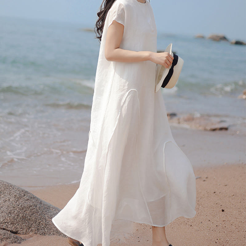 Buddha Stones Plain Irregular Hem Short Sleeve Cotton Linen Maxi Dress