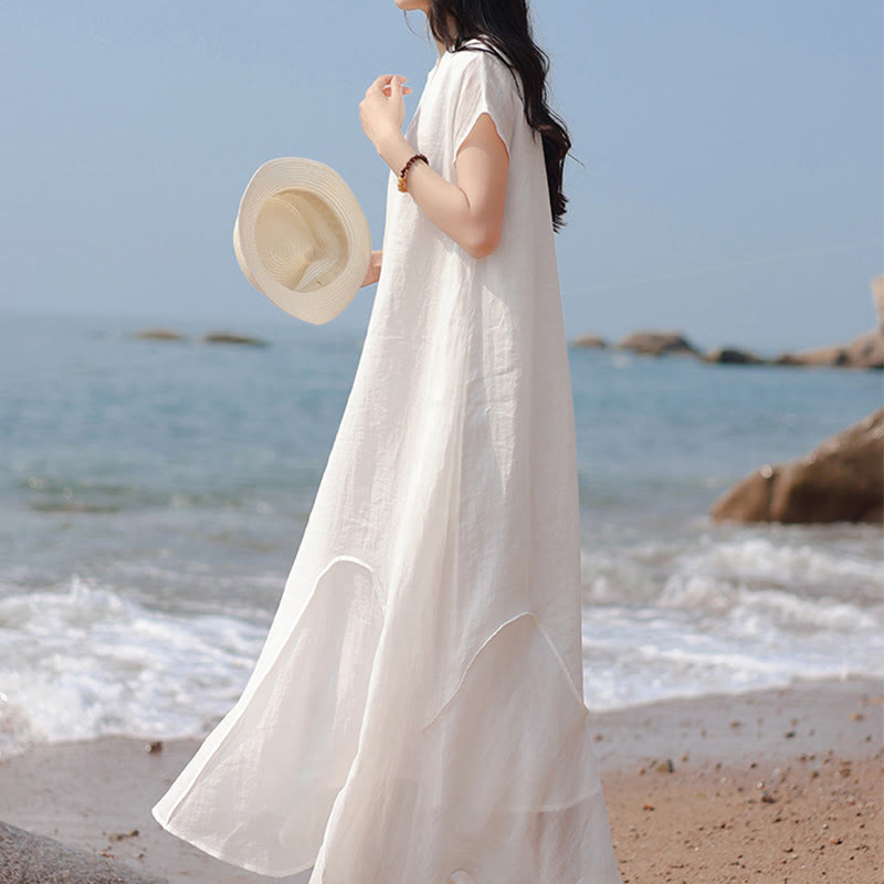 Buddha Stones Plain Irregular Hem Short Sleeve Cotton Linen Maxi Dress