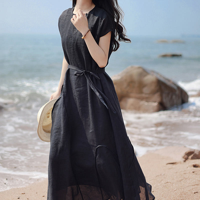 Buddha Stones Plain Irregular Hem Short Sleeve Cotton Linen Maxi Dress