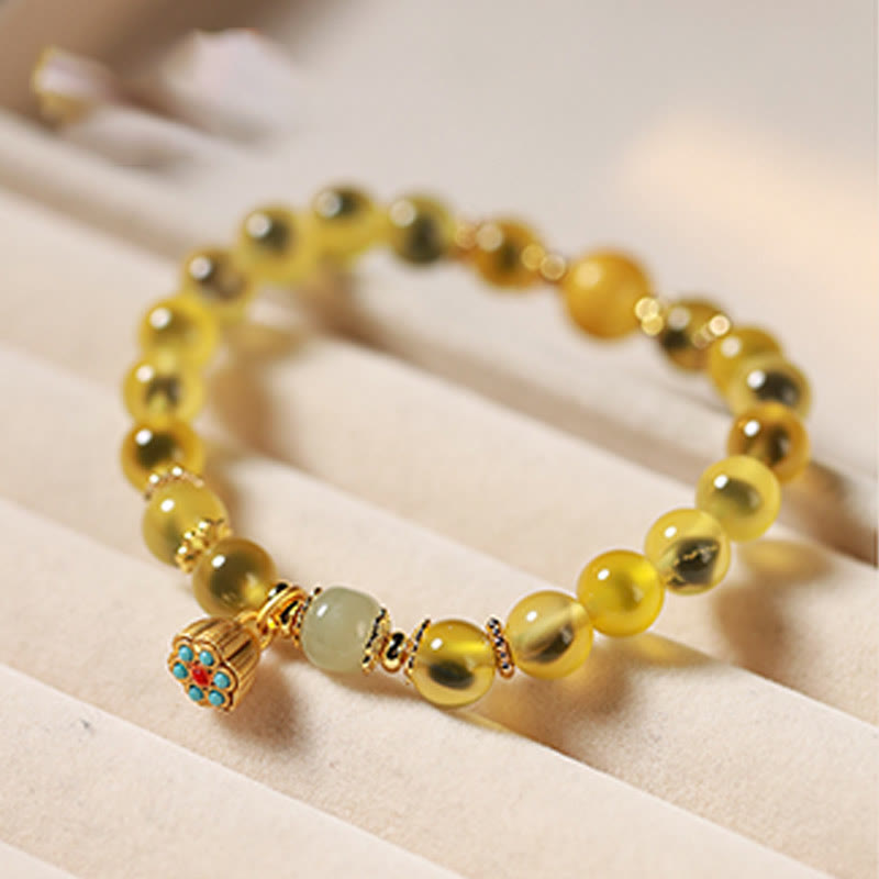 Buddha Stones Natural Colorful Candy Agate Golden Lotus Pod Healing Bracelet