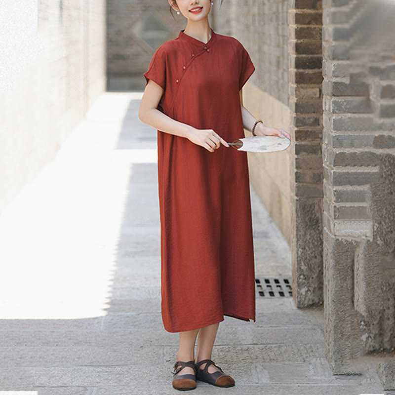 Buddha Stones Plain Cheongsam Lace-Up Design Cotton Linen Short Sleeve Midi Dress