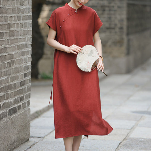 Buddha Stones Plain Cheongsam Lace-Up Design Cotton Linen Short Sleeve Midi Dress
