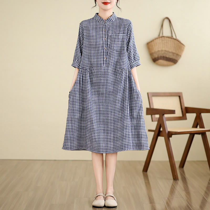 Buddha Stones Plaid Pattern Half Sleeve Cotton Linen Midi Dress With Pockets